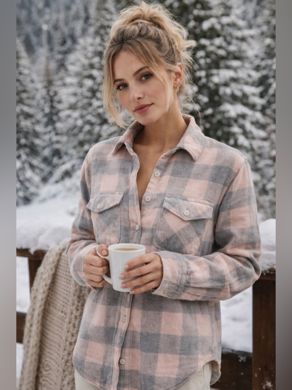 Roots Park Plaid Shirt Flannel Pink Grey Cozy Chic Size M